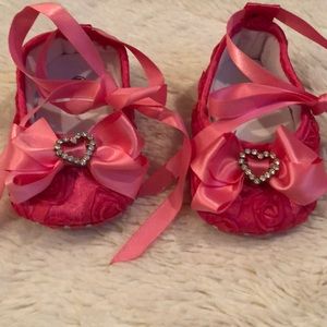 Handmade hot pink roses & ribbon ballet shoes.